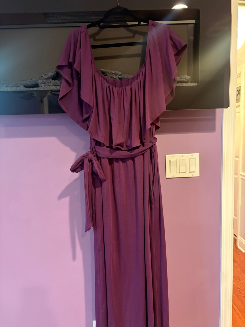 Women's Plum Ruffle-Shoulder Maxi Dress with Tie Waist